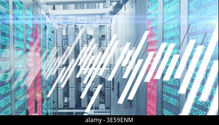 Showing central aisle running through datacenter with server racks, cables, glass streaming code Stock Photo