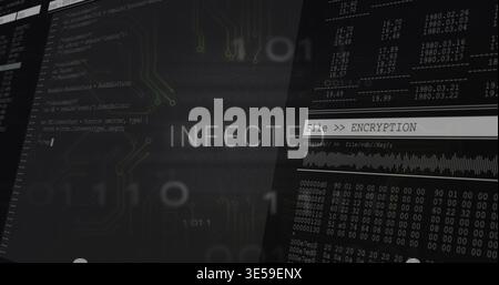 Displaying central INFECTED label and adjacent encryption panel on computer display, with hex dump Stock Photo