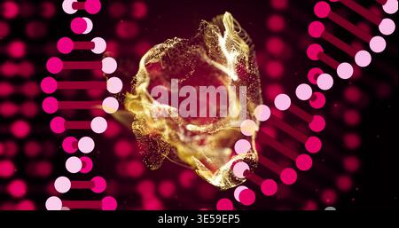 Swirling central golden particle cloud glowing in digital biotech visual with pink DNA helices Stock Photo