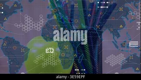 Displaying stylized world map at map center, showing grid, hex clusters, node markers, green blob Stock Photo