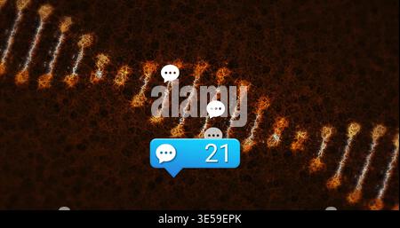 Displaying blue chat badge 21 centered lower-middle in UI overlay, floating white bubbles and trail Stock Photo