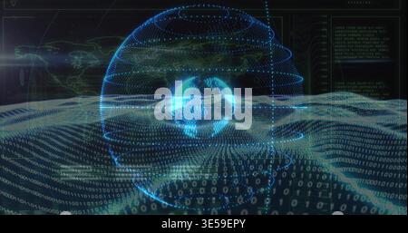 Displaying holographic globe rotating in virtual data dashboard, with binary matrix and HUD panels Stock Photo