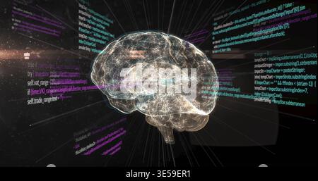 Glowing 3D brain hologram pulsing in virtual data space, with neon code panels and particle streaks Stock Photo