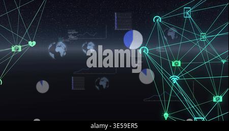Displaying dense teal network occupying right side in virtual HUD, showing node icons, pie charts Stock Photo