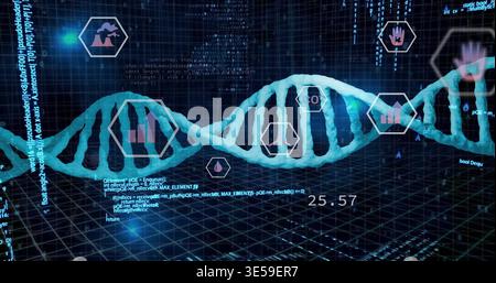 Displaying glowing cyan 3D DNA double helix stretching across virtual lab, with hexagonal UI icons Stock Photo