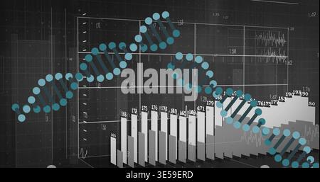 Displaying stylized DNA helix sweeping across digital analytics dashboard, with 3D bar chart Stock Photo