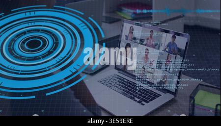 Showing laptop running meeting with team wearing casual tops at desk, code HUD, phone, copy space Stock Photo