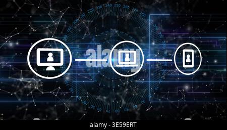Connecting desktop, laptop, smartphone icons exchanging data in digital network, with traces Stock Photo