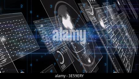 Floating translucent panels receding in 3D black space, showing circular HUD globe and gauges Stock Photo