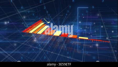 Displaying slanted 3D bar chart descending along diagonal at virtual analytics dashboard, with axis Stock Photo