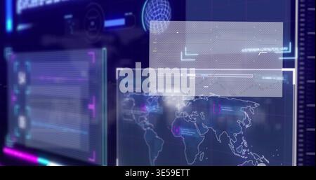 Projecting translucent panels displaying world map, HUD with progress and waveform at control room Stock Photo