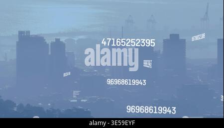 Displaying cluster of tall midrise towers floating over hazy harbor with cranes, numeric overlays Stock Photo