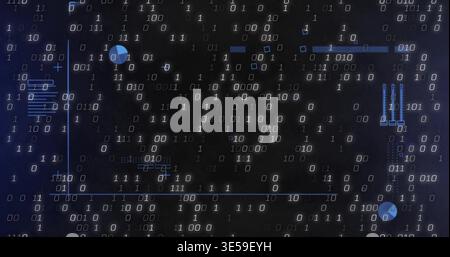 Streaming binary digits 1s 0s with neon guide lines and circular markers in abstract digital field Stock Photo