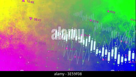 Displaying financial chart with white candlesticks, green polyline, magenta markers on dashboard Stock Photo
