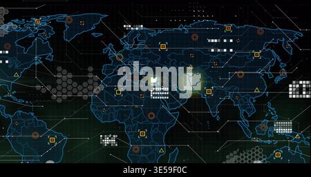 Displaying neon world map glowing on dark grid HUD, with hex tiles, yellow markers, red targets Stock Photo