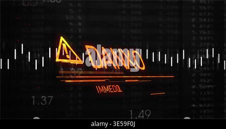 Displaying central glowing orange warning symbol on dark heads-up display, with white waveform bars Stock Photo