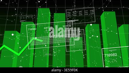 Displaying tall green bar cluster forming bar chart on virtual grid, showing floating white panels Stock Photo
