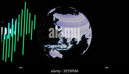 Rotating stylized globe showing pixel map with network lines, glowing nodes and neon bars in void Stock Photo