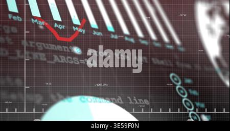 Displaying data visualization on digital dashboard, showing teal Febâ€“Jul bars, red trend line Stock Photo