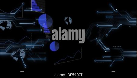 Displaying neon-blue circuit traces filling dark HUD, showing pie charts, stacked bar, globe icons Stock Photo