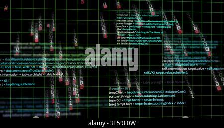 Displaying central code and binary cluster flowing over green grid, with UI glyphs and waves Stock Photo