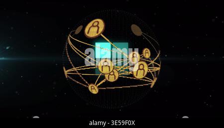 Floating wireframe sphere glowing in black starfield, showing gold tokens, lines and cyan squares Stock Photo