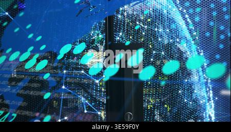 Displaying digital globe display occupying center of exhibition wall, with LED panel, teal markers Stock Photo