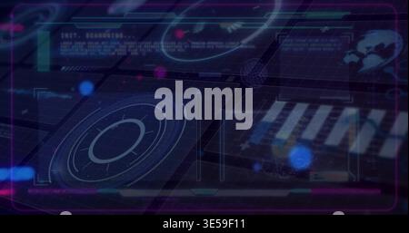 Displaying concentric radar scan panel pulsing on digital HUD with translucent panels, globe icon Stock Photo