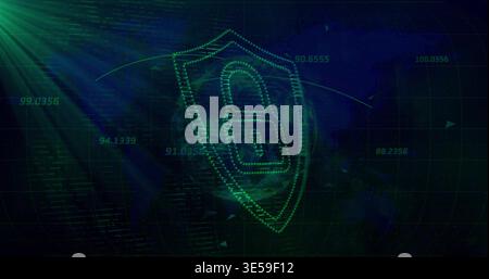 Glowing dotted green shield with padlock icon hovering in cyberspace, showing globe, grid, readouts Stock Photo