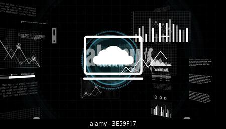 Displaying centered stylized laptop cloud icon routing data on dark grid dashboard, showing HUD Stock Photo