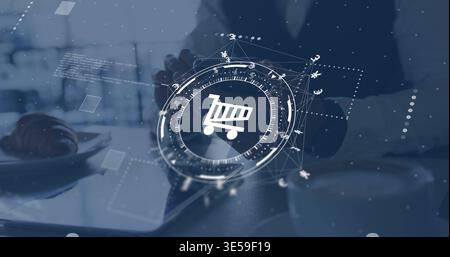 Hovering man in dark suit jacket touching tablet at cafe, with coffee, croissant and cart HUD Stock Photo