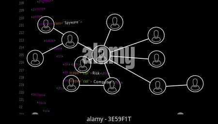 Displaying central hub node connecting peripheral avatar nodes on black screen, code backdrop Stock Photo