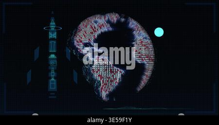 Displaying digital globe glitching across midline on HUD, with cyan schematic, marker, waveform Stock Photo
