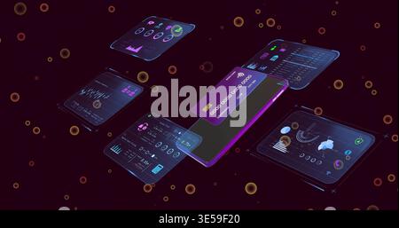Displaying purple-framed phone hovering in virtual HUD, showing digital card overlay and UI panels Stock Photo