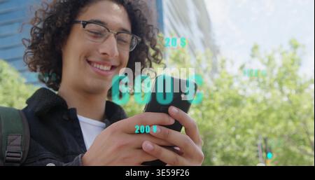 Smiling man with glasses checking smartphone on sidewalk, dark jacket, backpack strap AR overlays Stock Photo