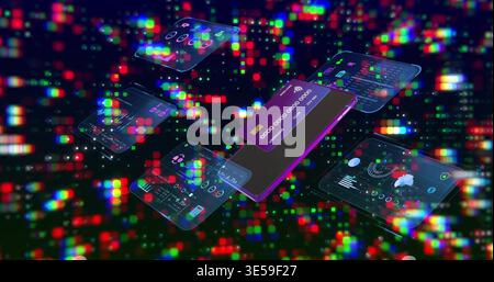 Floating purple smartphone displaying virtual credit-card and holographic UIs in digital cyberspace Stock Photo