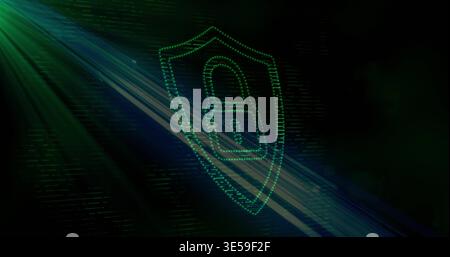 Glowing green shield with padlock icon hovering in network, with dotted segments, teal streaks Stock Photo
