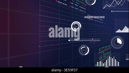 Displaying data HUD on navy purple grid, featuring ring gauges, slider, bar and pie charts, tickers Stock Photo