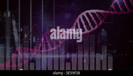 Displaying magenta double helix sweeping across virtual data hub, with bar charts and candlesticks Stock Photo