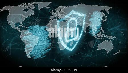 Displaying cyan shield padlock over Africa Europe on security dashboard with map particles hex grid Stock Photo