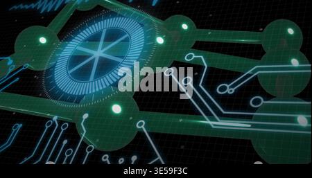 Displaying central blue HUD rotating on dark gridded plane, showing green nodes and teal traces Stock Photo