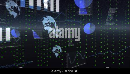 Displaying central cluster of globe icons, green binary columns, clear charts and code on dashboard Stock Photo