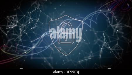 Glowing shield outline with padlock hovering in virtual network showing nodes colorful ribbons dots Stock Photo
