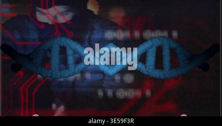 Displaying stylized blue DNA double helix glowing over dark tech backdrop with red circuits, grain Stock Photo
