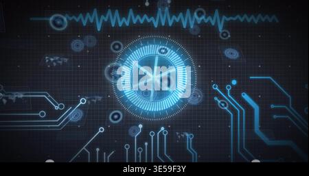 Displaying central glowing blue HUD dial rotating on virtual HUD, with ECG waveform, circuit traces Stock Photo