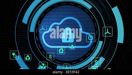 Protecting glowing blue cloud with padlock in virtual HUD, showing concentric rings and binary Stock Photo