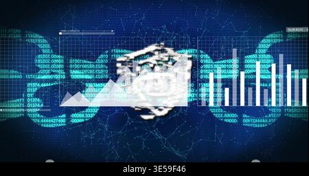 Displaying central handshake emblem on HUD, showing triangular area chart, bar charts, code streams Stock Photo