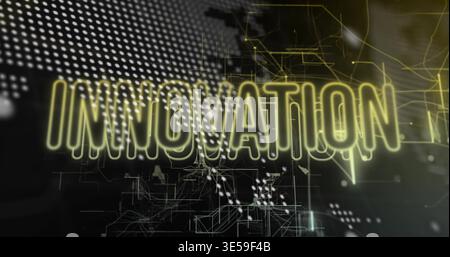 Glowing neon INNOVATION dominating digital UI, showing circuit lines, dot matrix, globe, streaks Stock Photo
