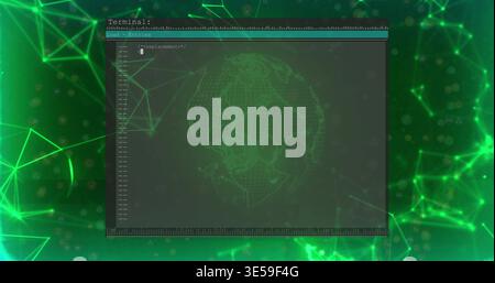Displaying centered terminal window hovering over neon grid, with teal header, globe cursor Stock Photo