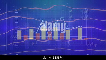 Displaying centered bar-and-line chart on-screen, showing beige bars, blue line, numeric labels Stock Photo